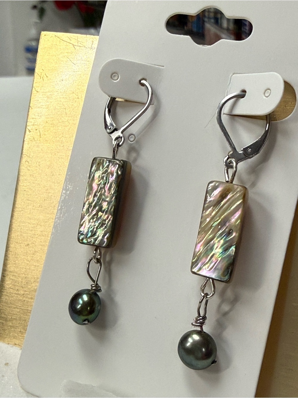 Irregular Abalone Rectangle Drop Earrings with Green Fresh Water Pearls